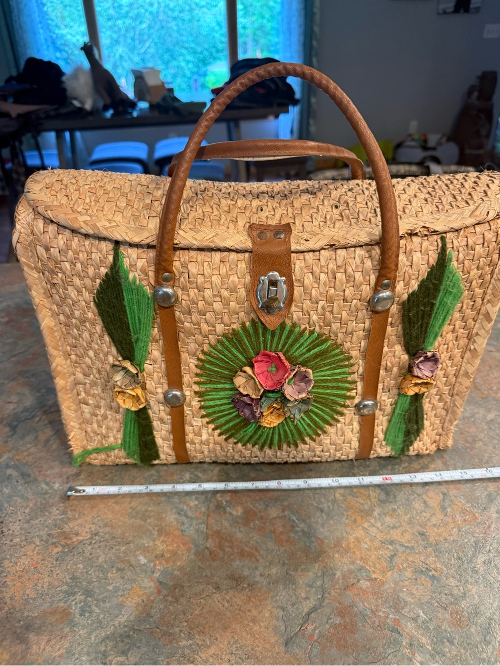 Embroidered Straw Tote Bag with Green Floral Accent
